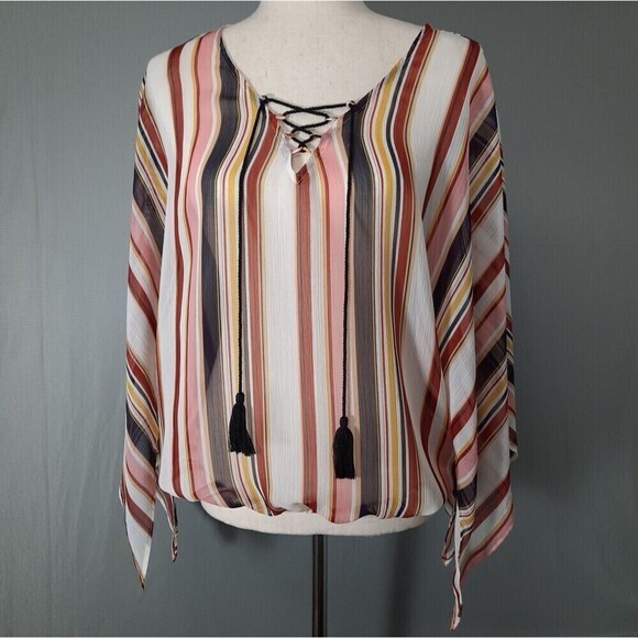 Maurice's Tops - Maurice's Sheer Boho Top with Drape Sleeves and Lace-up V-Neck Tassels SZ Medium